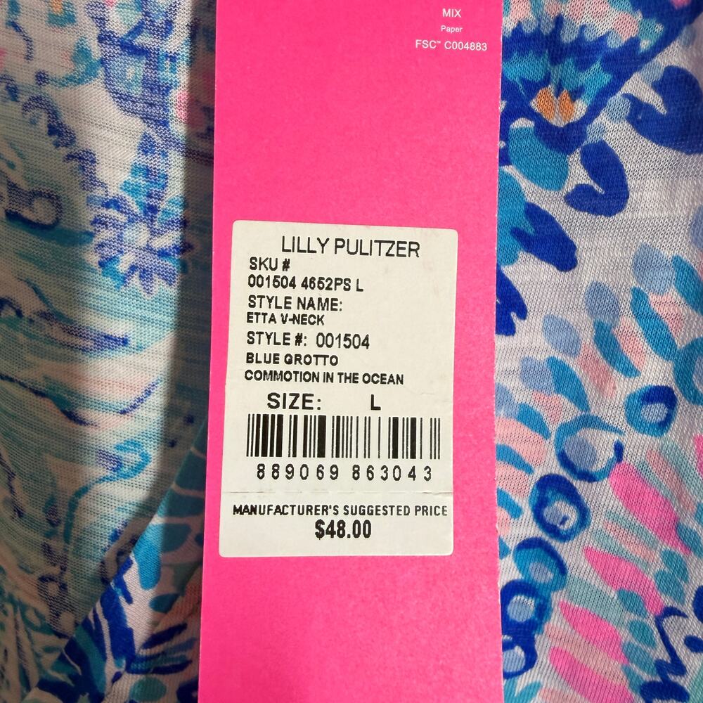 Lilly Pulitzer Etta V-Neck Tee Blue Grotto turtle print size L NWT coastal top - Picture 6 of 11